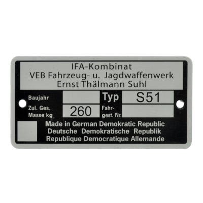 Typschild S51 - IFA Kombinat VEB Fajas - bis Baujahr 1990