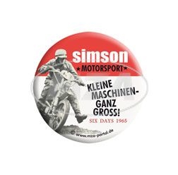 Blechbutton Ã˜59mm -  MOTORSPORT - SIX DAYS 1965 - mit SchutzÃ¼berzug und Bogennadel, 4-farbig
