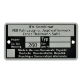 Typschild - IFA Kombinat VEB Fajas, Zul. Ges. Masse 260...