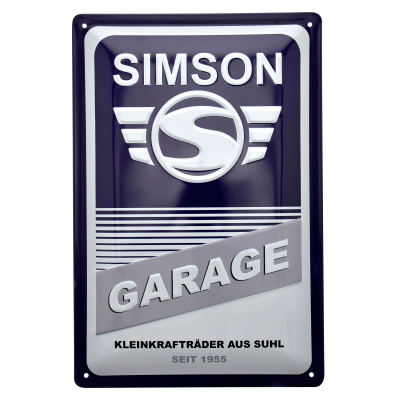 Blechprägeschild 20x30 cm, blau/weiß, Motiv: SIMSON-Garage