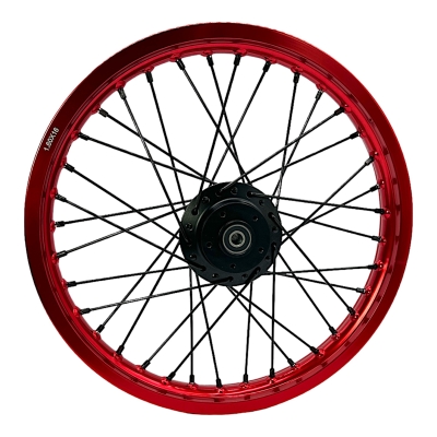 1,6 x 16" Speichenrad f. Scheibenbremse, Alufelge Rot, Nabe Schwarz, Edelstahlspeichen verstärkt Schwarz