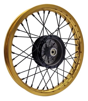 1,6 x 16" Speichenrad f. Trommelbremse, Alufelge Gold, Nabe Schwarz, Edelstahlspeichen verstärkt schwarz