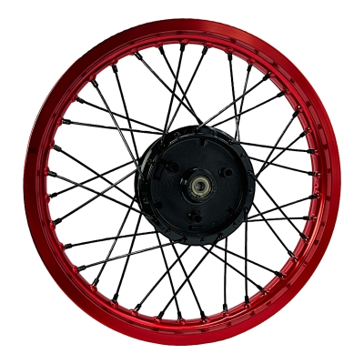 1,6 x 16" Speichenrad f. Trommelbremse, Alufelge Rot, Nabe Schwarz, Edelstahlspeichen verstärkt Schwarz