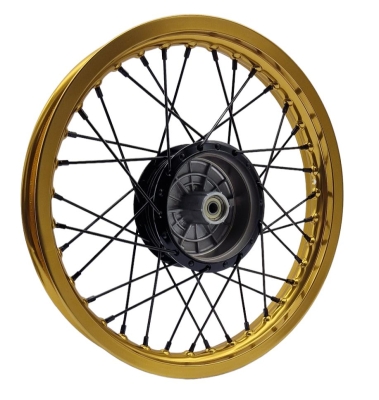 1,85 x 16" Speichenrad f. Trommelbremse, Alufelge Gold, Nabe Schwarz, Edelstahlspeichen verstärkt Schwarz